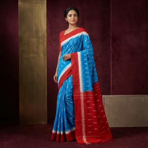 Soft_Mercerized_Cotton_Ikkat_Pochampally_Saree_In_Sky_Blue_Off_White_And_Orange