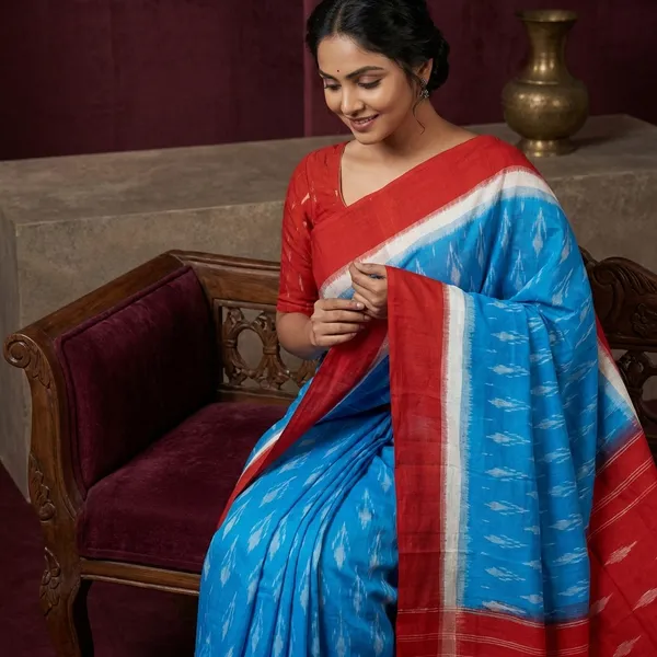 Soft_Mercerized_Cotton_Ikkat_Pochampally_Saree_In_Sky_Blue_Off_White_And_Orange