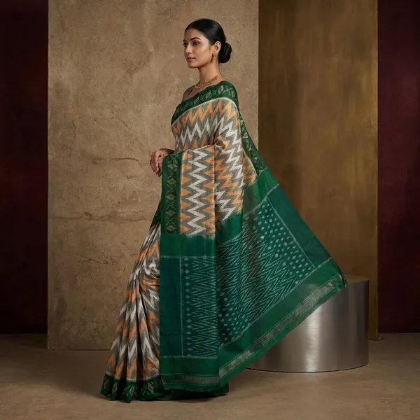 Soft_Mercerized_Cotton_Ikkat_Pochampally_Saree_In_Off_White_Multicolor_And_Bottle_Green
