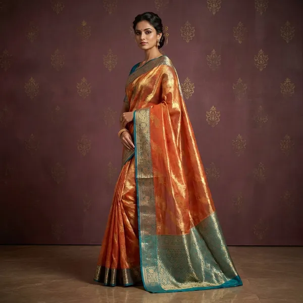 Tissue_Banarasi_Silk_Saree_In_Salmon_Orange_Teal_And_Matte_Gold