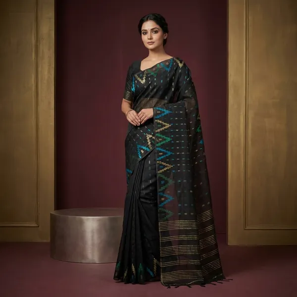 Hand_Karat_Work_Muslin_Jamdani_Saree_In_Black_And_Multicolor_Zari_Nakshi_Work