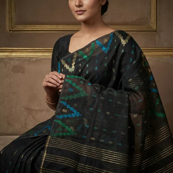 Hand_Karat_Work_Muslin_Jamdani_Saree_In_Black_And_Multicolor_Zari_Nakshi_Work