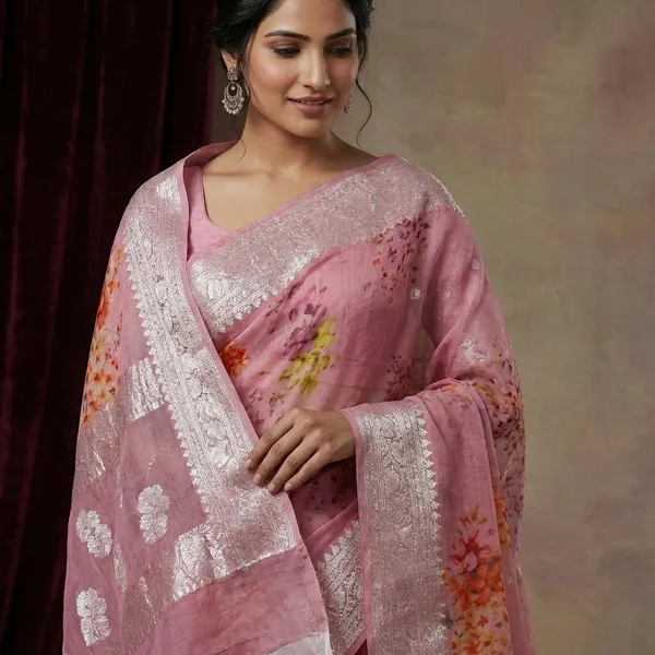 Digital_Printed_Pure_Georgette_Banarasi_Saree_In_Thulian_Pink_Multicolor_And_Silver_Zari_Work