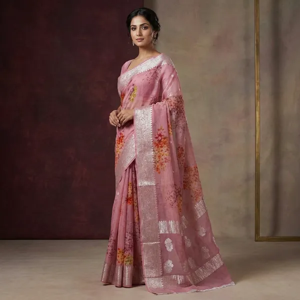 Digital_Printed_Pure_Georgette_Banarasi_Saree_In_Thulian_Pink_Multicolor_And_Silver_Zari_Work