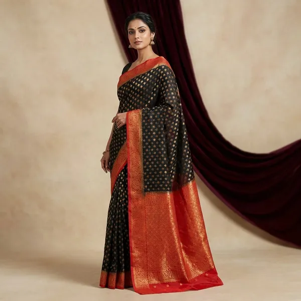Medium_Border_Soft_Semi_Georgette_Banarasi_Saree_In_Black_Red_And_Antique_Golden