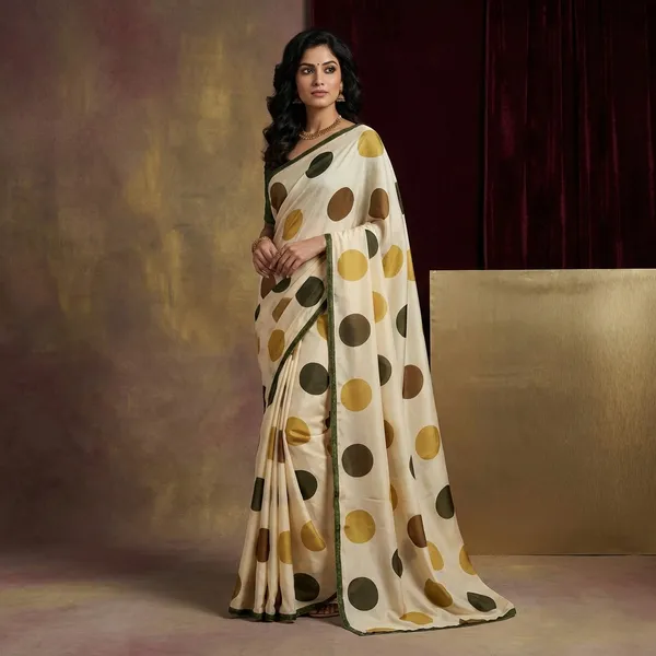 Printed_Soft_Crepe_Silk_Saree_In_Beige_Green_And_Multicolor_Polka_Prints