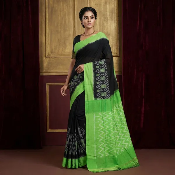 Soft_Mercerized_Cotton_Ikkat_Pochampally_Saree_In_Black_Lawn_Green_And_Off_White