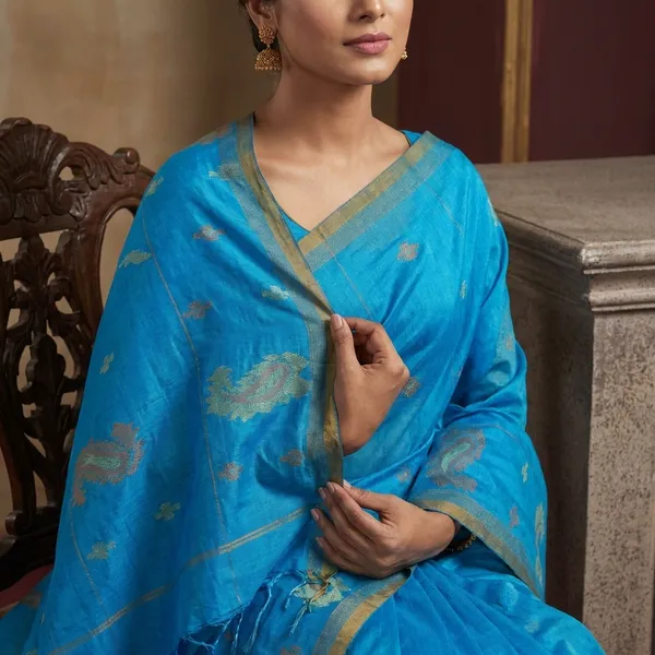 Traditional_Hand_Karat_Work_Cotton_Jamdani_Saree_In_Cobalt_Blue_Brown_And_Beige_Thread_Work