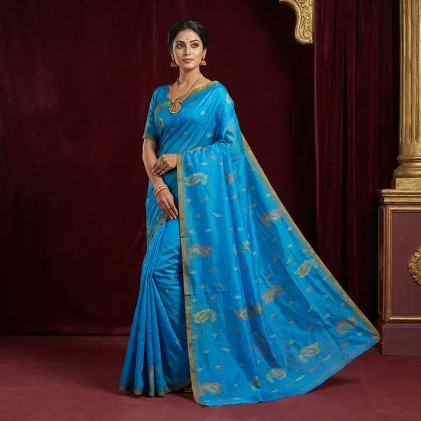 Traditional_Hand_Karat_Work_Cotton_Jamdani_Saree_In_Cobalt_Blue_Brown_And_Beige_Thread_Work