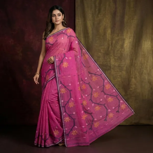 Hand_Woven_Cotton_Dhakai_Jamdani_Saree_In_Pink_Midnight_Blue_Beige_And_Off_White