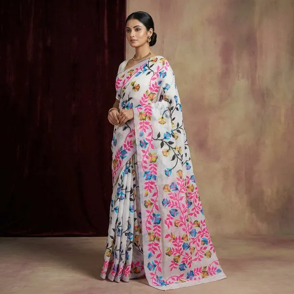 Floral_Nakshi_Jaal_Work_Traditional_Soft_Jamdani_Saree_In_White_And_Multicolor