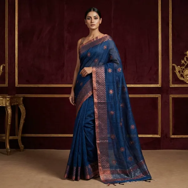 Sona_Rupa_Hand_Woven_Linen_Kanchipuram_Saree_In_Denim_Blue_Copper_And_Silver_Zari_Work