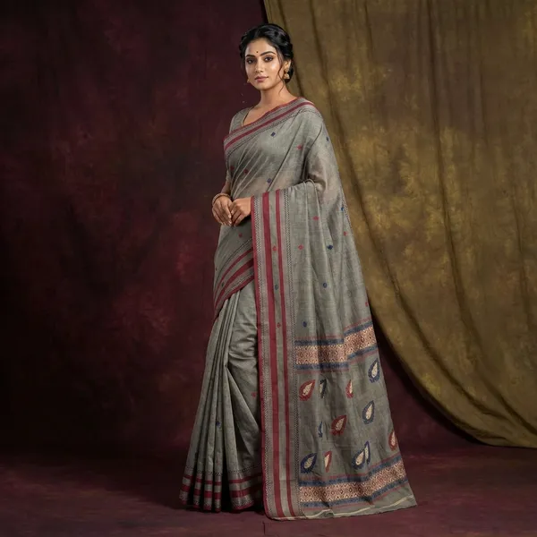 Premium_Quality_Bengal_Handloom_Meenakari_Bomkai_Cotton_Saree_In_Trout_Grey_Maroon_And_Admiral_Blue