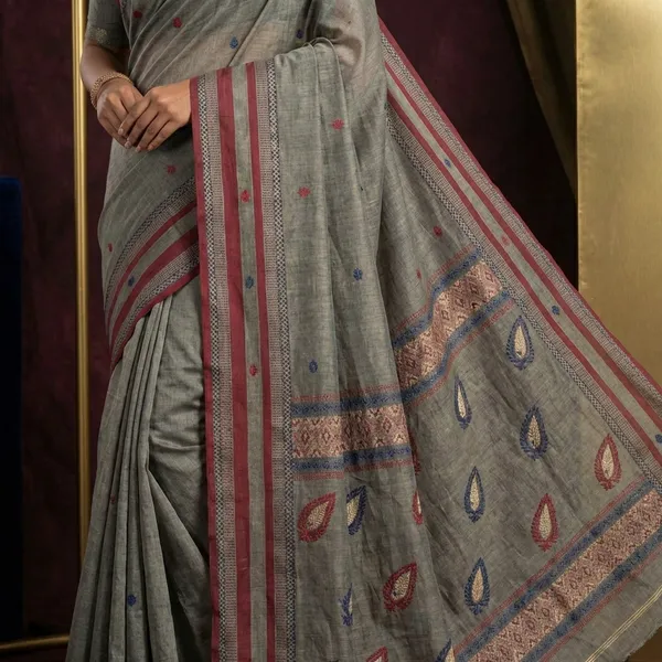 Premium_Quality_Bengal_Handloom_Meenakari_Bomkai_Cotton_Saree_In_Trout_Grey_Maroon_And_Admiral_Blue