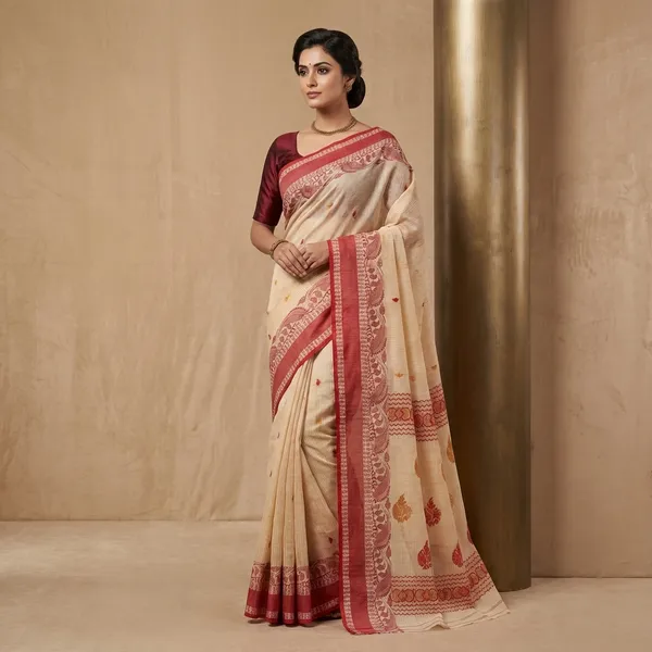 Woven_Matta_Nakshi_Border_With_Body_Stripes_Bengal_Handloom_Cotton_Saree_In_Off_White_Red_And_Mustard