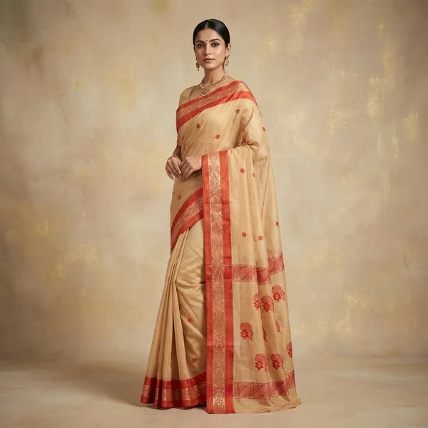 Sil_Nakshi_Border_Bengal_Handloom_Cotton_Bomkai_Saree_In_Khaki_Golden_Yellow_And_Red_Thread_Work