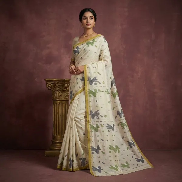 Traditional_Hand_Karat_Work_Cotton_Jamdani_Saree_In_Off_White_Pistachio_Green_And_Navy_Blue