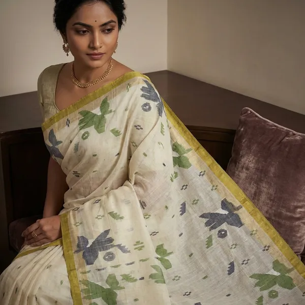 Traditional_Hand_Karat_Work_Cotton_Jamdani_Saree_In_Off_White_Pistachio_Green_And_Navy_Blue