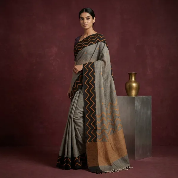 Designer_Soft_Cotton_Jamdani_Saree_In_Gray_Black_And_Golden_Yellow