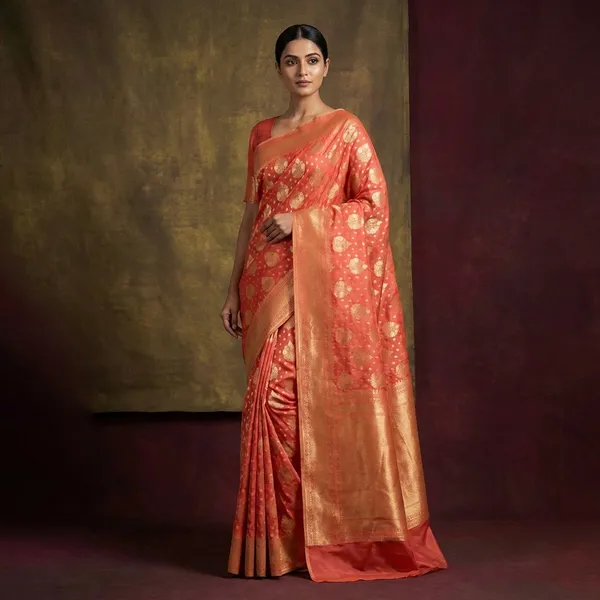 Hand_Woven_Cotton_Chanderi_Saree_In_Sunset_Orange_And_Muted_Gold