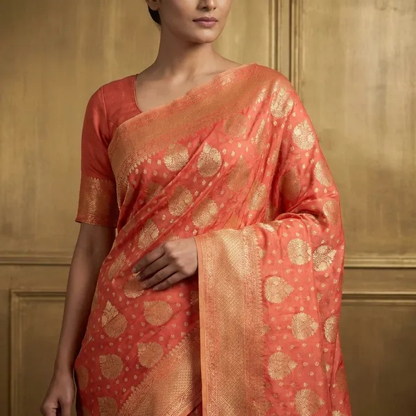 Hand_Woven_Cotton_Chanderi_Saree_In_Sunset_Orange_And_Muted_Gold