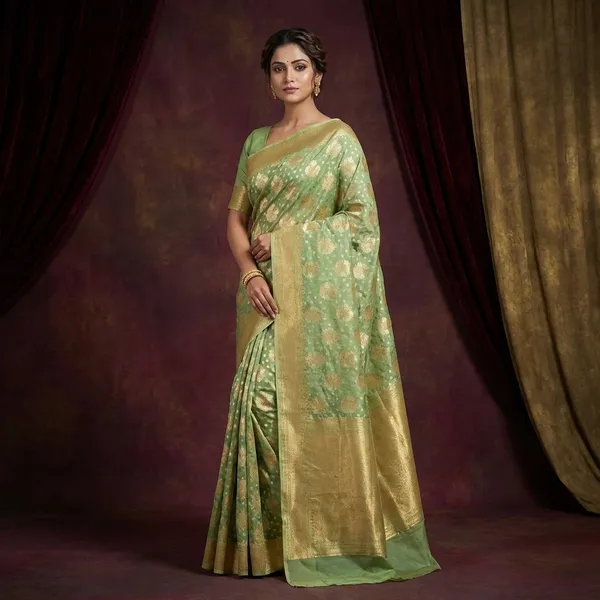 Hand_Woven_Cotton_Chanderi_Saree_In_Sage_Green_And_Muted_Gold