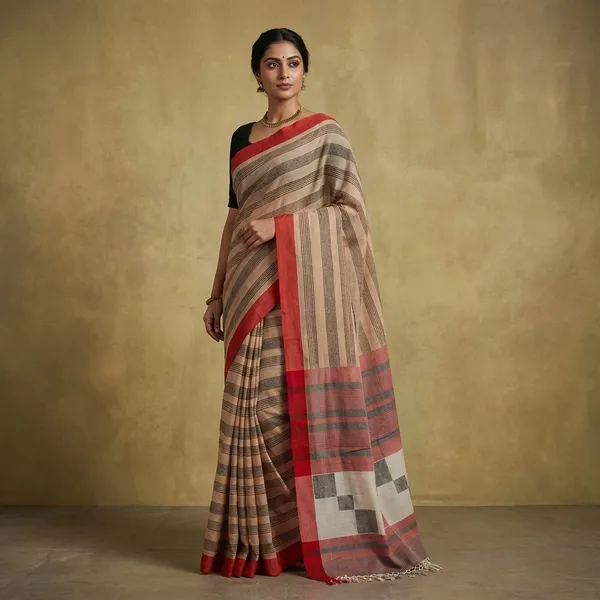 Self_Woven_Stripes_Soft_Cotton_Jamdani_Saree_In_Khaki_Red_And_Black