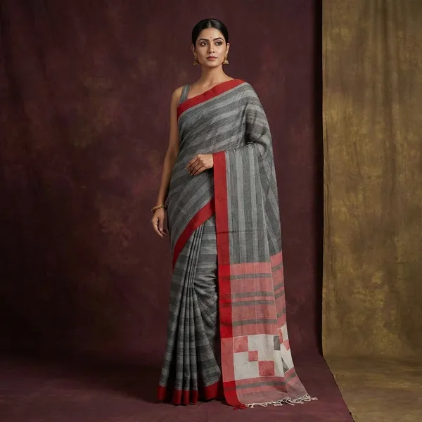 Self_Woven_Stripes_Soft_Cotton_Jamdani_Saree_In_Charcoal_Grey_Red_And_Black