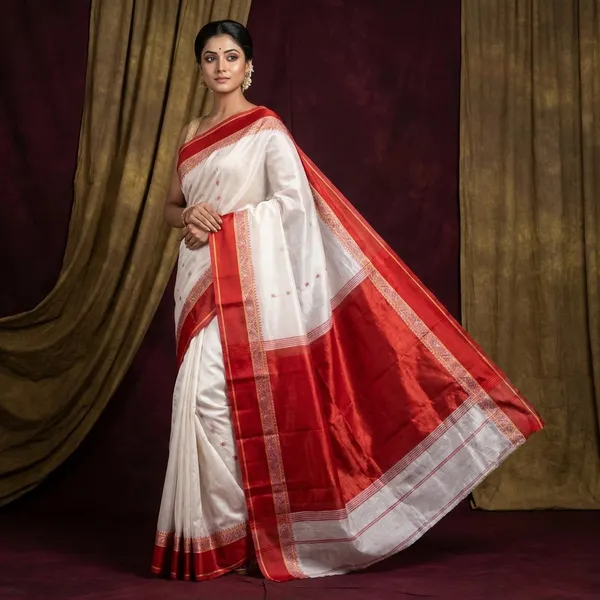 Velvet_Border_Bengal_Handloom_Hazar_Butti_Cotton_Saree_In_White_Beige_And_Red