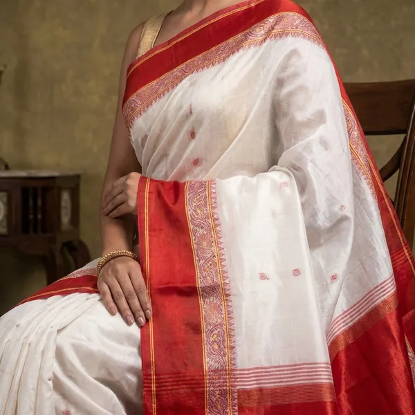 Velvet_Border_Bengal_Handloom_Hazar_Butti_Cotton_Saree_In_White_Beige_And_Red