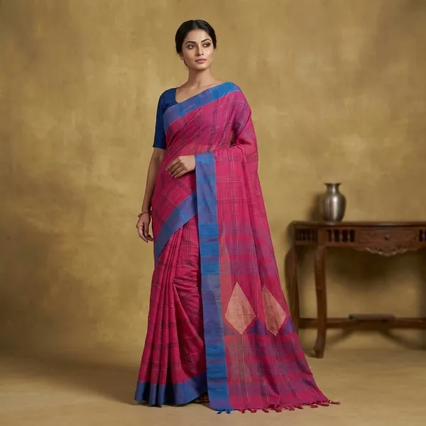 Woven_Kotki_Checks_Soft_Cotton_Saree_In_Hot_Pink_And_Royal_Blue