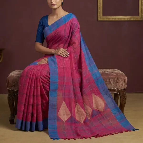 Woven_Kotki_Checks_Soft_Cotton_Saree_In_Hot_Pink_And_Royal_Blue
