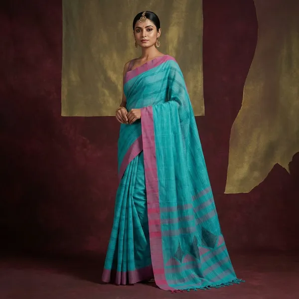 Woven_Kotki_Checks_Soft_Cotton_Saree_In_Cyan_Blue_And_Purple_Pink