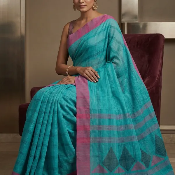 Woven_Kotki_Checks_Soft_Cotton_Saree_In_Cyan_Blue_And_Purple_Pink