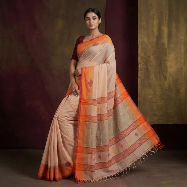 Hand_Woven_Pure_Soft_Cotton_Saree_In_Linen_Cream_Orange_And_Red