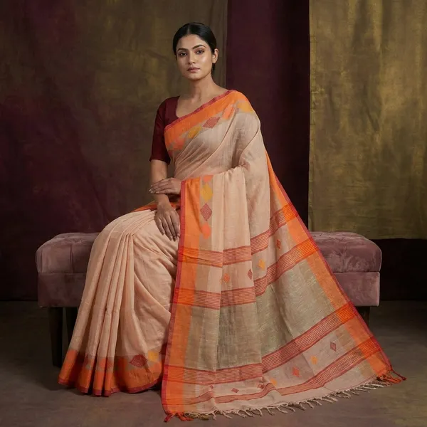 Hand_Woven_Pure_Soft_Cotton_Saree_In_Linen_Cream_Orange_And_Red