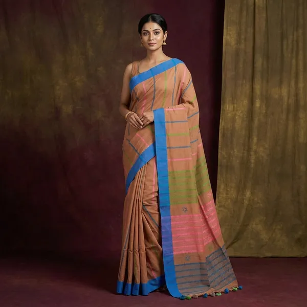 Pure_Cotton_Kalakshetra_Saree_In_Almond_Brown_Azure_Blue_Light_Pink_And_Green