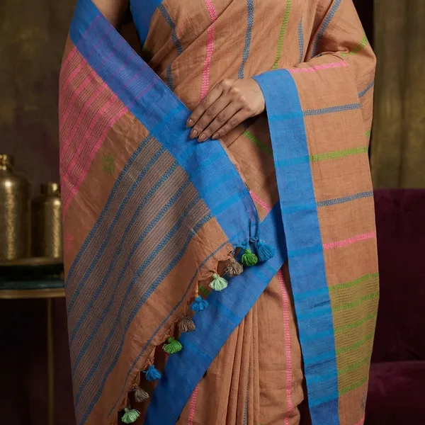 Pure_Cotton_Kalakshetra_Saree_In_Almond_Brown_Azure_Blue_Light_Pink_And_Green