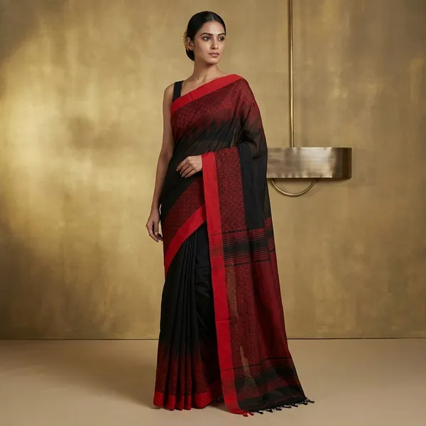 Brocade_Thread_Nakshi_Skirt_Border_Soft_Cotton_Saree_In_Black_And_Crimson_Red