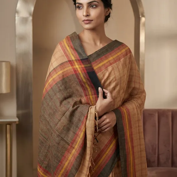 Hand_Woven_Checks_Soft_Cotton_Saree_In_Light_Brown_Maroon_Amber_Yellow_And_Black
