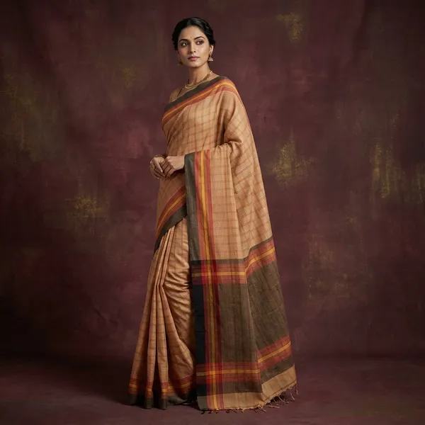 Hand_Woven_Checks_Soft_Cotton_Saree_In_Light_Brown_Maroon_Amber_Yellow_And_Black