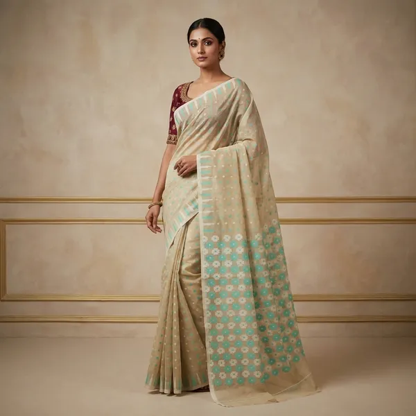 Woven_Hazar_Butti_Work_Jamdani_Saree_In_Beige_Off_White_And_Cyan_Green