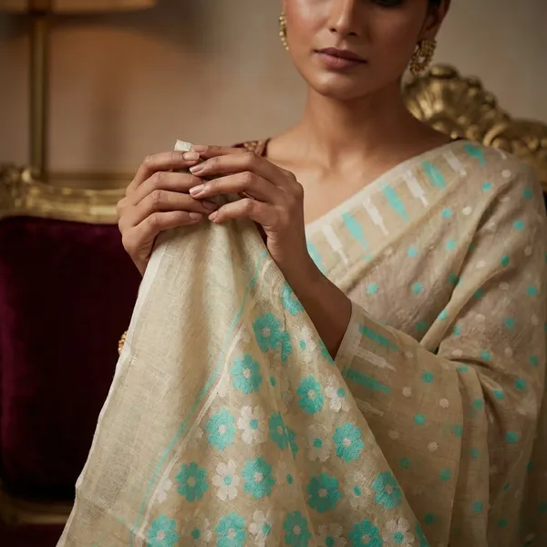 Woven_Hazar_Butti_Work_Jamdani_Saree_In_Beige_Off_White_And_Cyan_Green