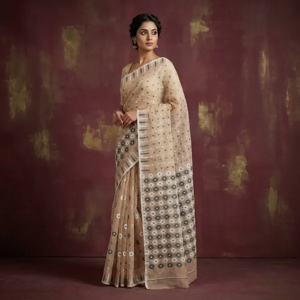 Woven_Hazar_Butti_Work_Jamdani_Saree_In_Beige_Off_White_And_Black