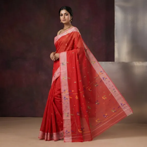 Traditional_Hand_Karat_Work_Cotton_Jamdani_Saree_In_Red_And_Multicolor_Thread_Work
