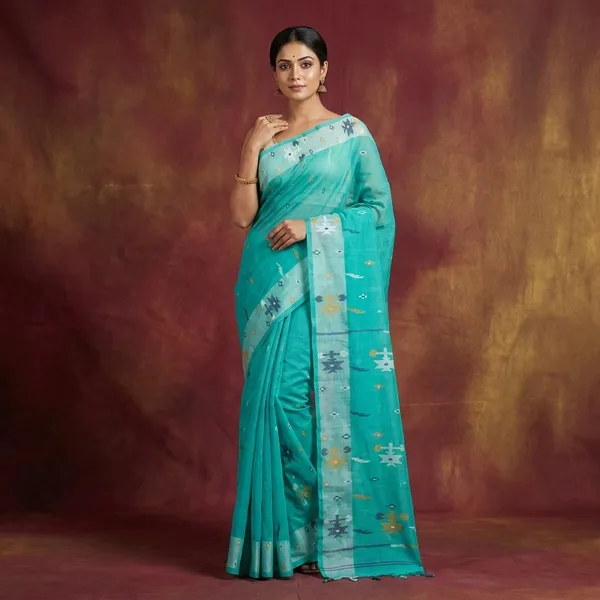 Traditional_Hand_Karat_Work_Cotton_Jamdani_Saree_In_Seagreen_Off_White_Black_And_Mustard_Thread_Work
