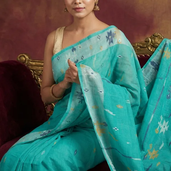 Traditional_Hand_Karat_Work_Cotton_Jamdani_Saree_In_Seagreen_Off_White_Black_And_Mustard_Thread_Work
