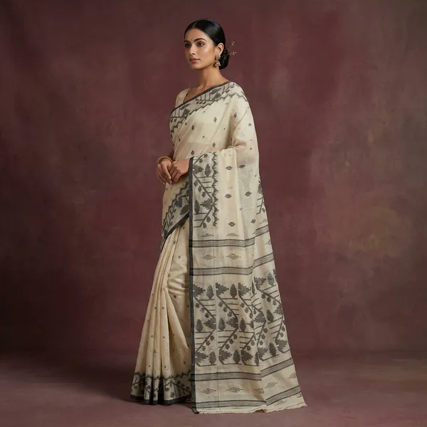 Hand_Karat_Needle_Woven_Work_Pure_Cotton_Bengal_Jamdani_Saree_In_Parchment_White_And_Black
