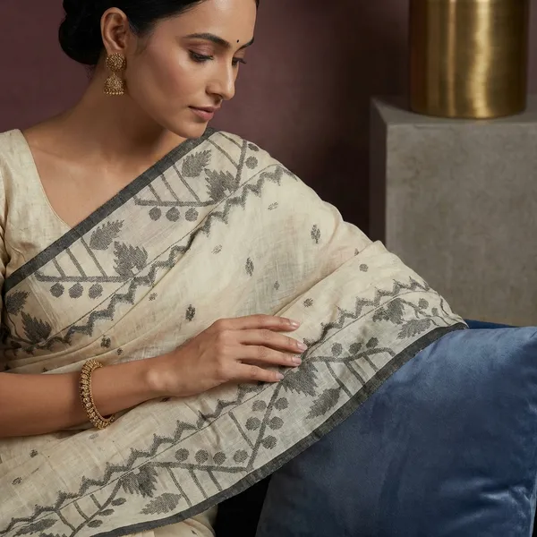 Hand_Karat_Needle_Woven_Work_Pure_Cotton_Bengal_Jamdani_Saree_In_Parchment_White_And_Black