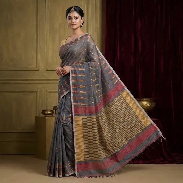 Designer_Geometric_Pattern_Jamdani_Saree_In_Metallic_Grey_Beige_And_Red_Thread_Work